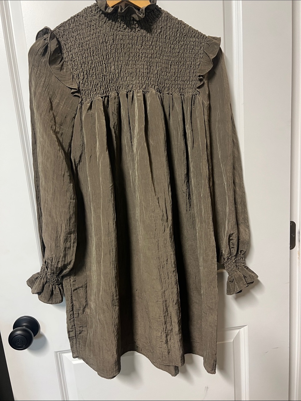 French Connection Dress, Green, Mini, Smocking on Bodice, Ruffle Accents, Small